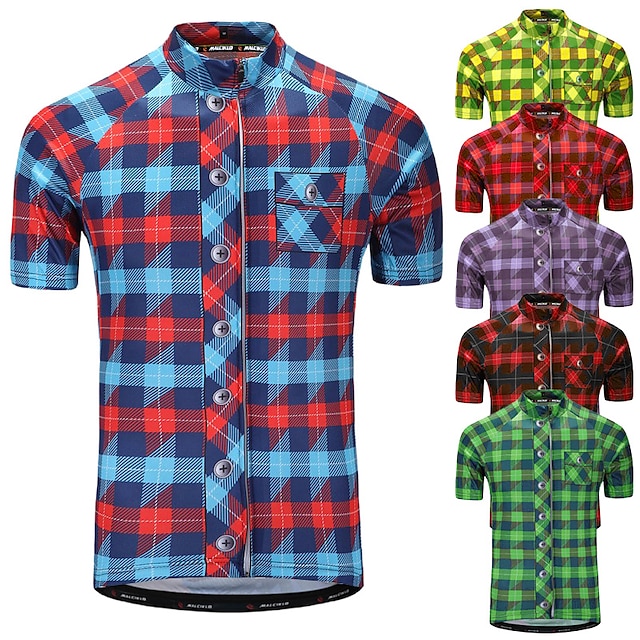  Men's Quick Dry Plaid Cycling Jersey with Pockets