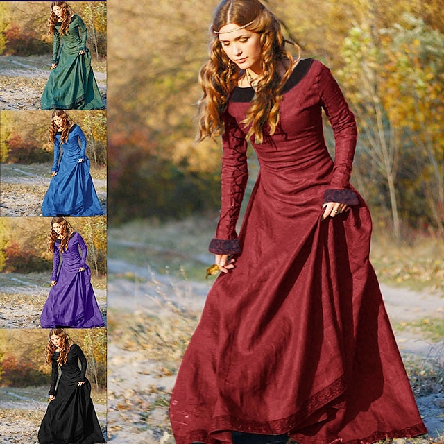  Medieval siglo 18 Vestido vintage Vestidos Vestido túnica Maxi Vikingo forastero Ranger élfico Mujer Víspera de Todos los Santos Fiesta y Noche Festival Vestido