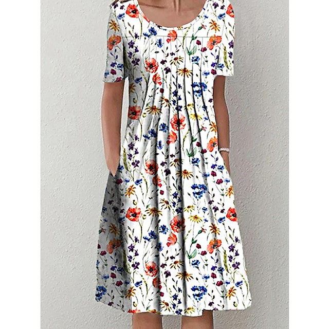  Women's Casual Dress Floral Dress Midi Dress White Floral Short Sleeve Summer Spring Ruched Fashion Crew Neck Vacation Summer Dress 2023 S M L XL XXL 3XL