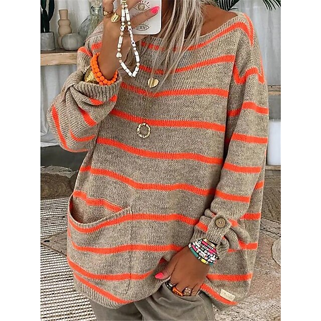  Stylish Women's Casual Pullover Striped Ribbed Knit Crew Neck Pocket Fall Winter Collection