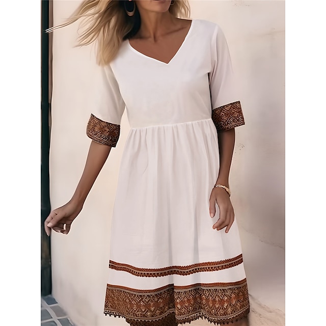 Women's Casual Dress Cotton Linen Dress White Dress Polyester Mini Dress Outdoor Daily Vacation Fashion Casual Daily Print V Neck Summer Spring Fall Half Sleeve Loose Fit 2023 White Pink Orange