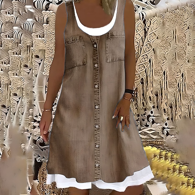  vestido feminino midi vestido cinza sem mangas floral falso duas peças verão primavera gola redonda moderno 2023 5xl