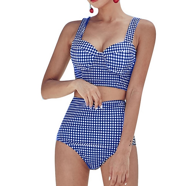  Women's Swimwear Bikini 2 Piece Normal Swimsuit Houndstooth Tie Dye Push Up High Waisted Blue Scoop Neck Padded Bathing Suits Casual Sexy New