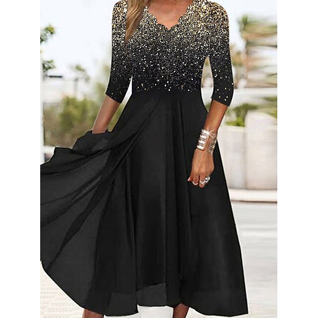  Black Midi Summer Party Dress with 3 4 Sleeves