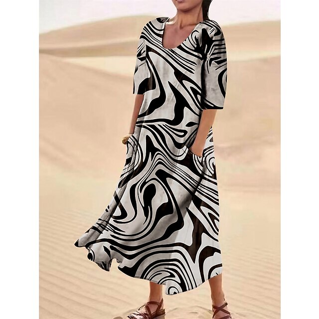  Women's Casual Polyester-Linen Midi Swing Dress