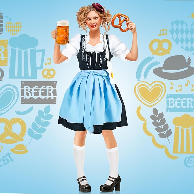  Halloween Carnival Oktoberfest Beer Costume Dress Dirndl Trachtenkleider Bavarian German Munich Wiesn Women's Traditional Style Cloth Blouse Dress Apron