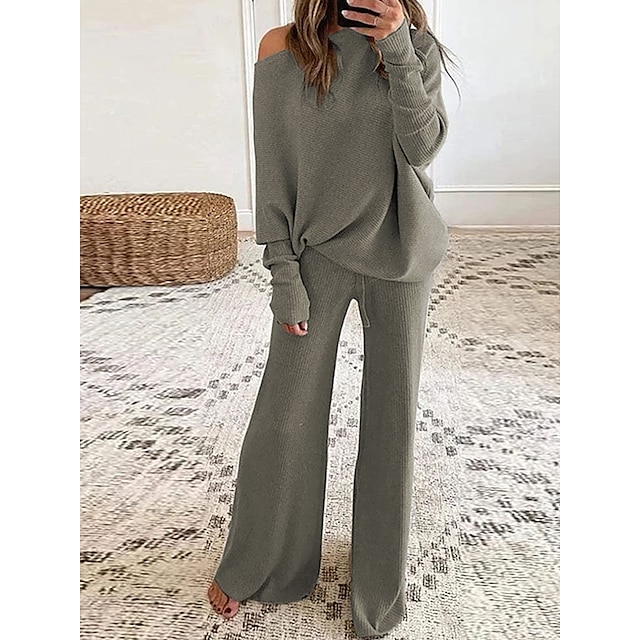  Women's Casual One-Shoulder Knitted Tracksuit Set