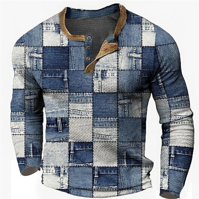  Men's Vintage Casual Henley 3D Print Shirt