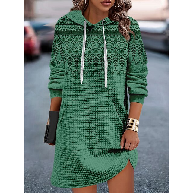  Women's Geometric Print Loose Mini Hoodie Dress