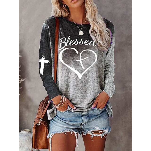  Women's Plus Size T shirt Tee Heart Color Block Text Casual Weekend Print Pink Long Sleeve Daily Basic Round Neck Fall & Winter