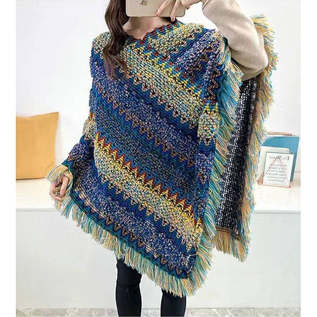  Women's Poncho Sweater V Neck Crochet Knit Acrylic Knitted Fall Winter Tunic Outdoor Daily Holiday Stylish Casual Soft Long Sleeve Color Block Red Blue Dusty Blue One-Size