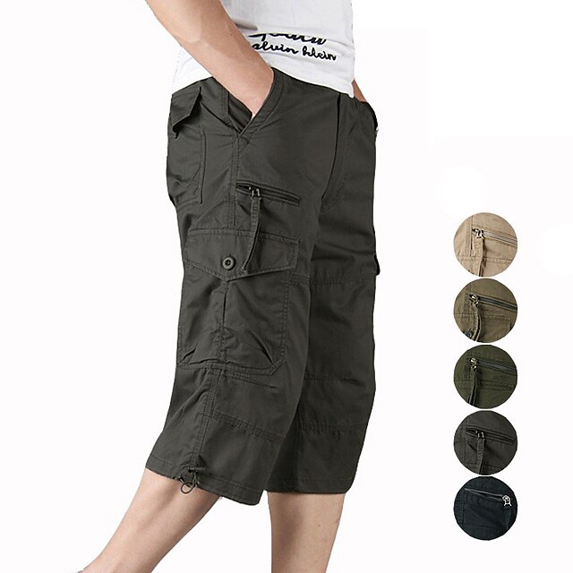  Herre Capri Cargo Shorts Shorts med lommer Lynlåslomme Benetræk Helfarve Åndbart Hurtigtørrende Arbejde Streetwear 100 % bomuld Afslappet Hip-hop Marine Sort