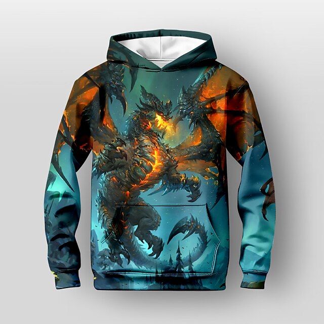  Kids Boys Hoodie Pullover Long Sleeve 3D Print Dragon Colorblock Blue Children Tops Fall Active Regular Fit 4-12 Years