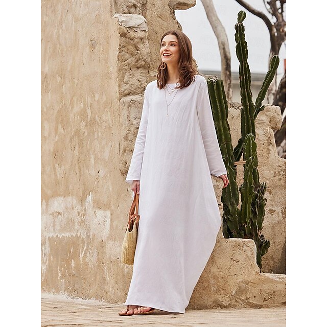 2024 Spring Cotton Linen Women's Long Dress White Long Sleeve