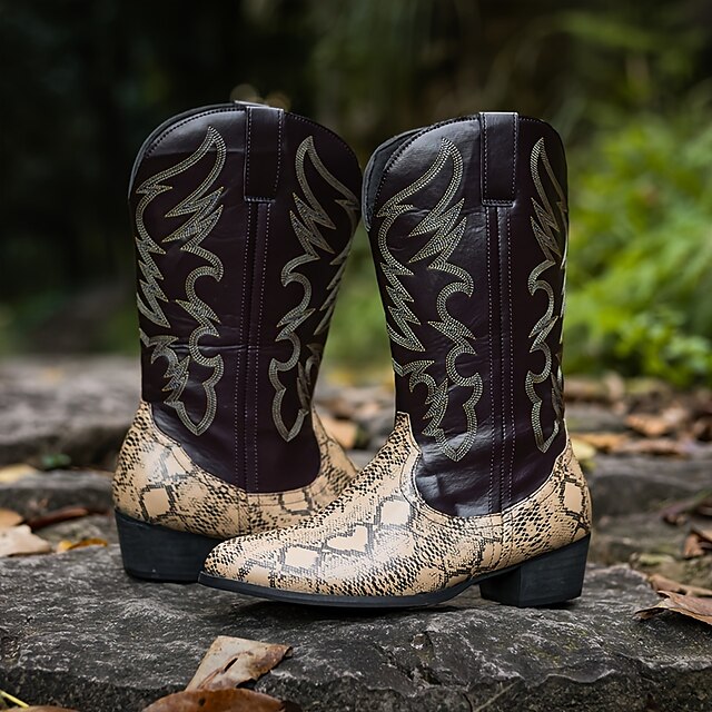 Men's Brown Western Cowboy Boots with Snake Print and