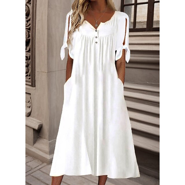  Women's White Dress Casual Dress Shift Dress V Neck Midi Dress Elegant Basic Daily Vacation Short Sleeve Summer Spring