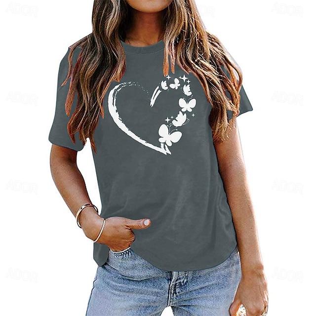  Mujer Camiseta 100% Algodón Corazón Mariposa Estampado Hogar Diario Cita Básico Camiseta Manga Corta Escote Redondo Negro Verano