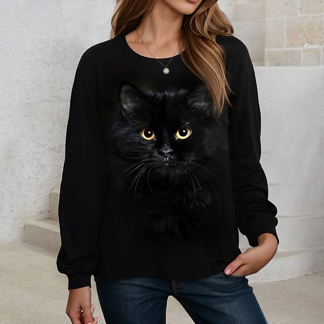  Basic Black Cat Women's Plus Size Sweatshirt Pullover