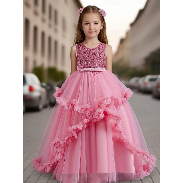 Kids Girls' Dress Sequin Sleeveless Party Lace up Sequins Ruffle Cute Rayon Maxi Tulle Dress Summer Spring Fall 4-13 Years Pink Wine Blue