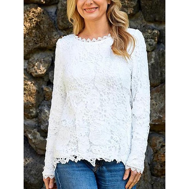  Women's Floral Lace Long Sleeve Round Neck Blouse