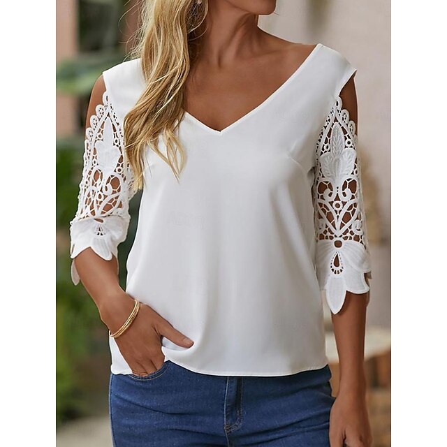  Damen Spitzenhemd Bluse Glatt Täglich Wochenende Spitze Ausgeschnitten Weiß Halbe Ärmel Elegant Modisch Basic V Ausschnitt