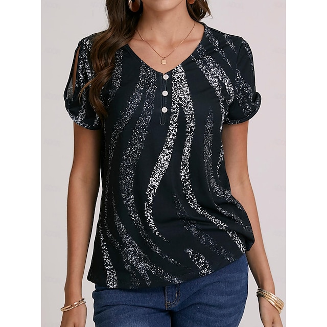  Damen T Shirt Graphic Taste Ausgeschnitten Bedruckt Täglich Wochenende Basic Kurzarm V Ausschnitt Schwarz