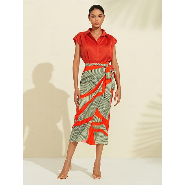  Conjunto de falda con estampado de camisa de color liso de satén