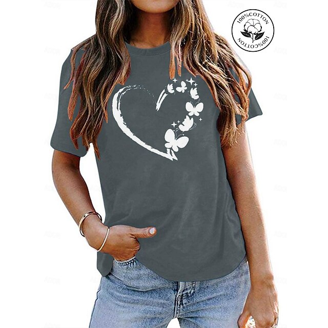  Mujer Camiseta Algodón 100% Algodón Corazón Mariposa Hogar Diario Cita Estampado Básico Camiseta Negro Manga Corta Básico Escote Redondo Verano