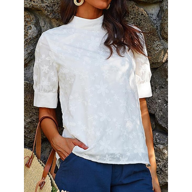  White Floral Turtleneck Shirt Blouse for Women
