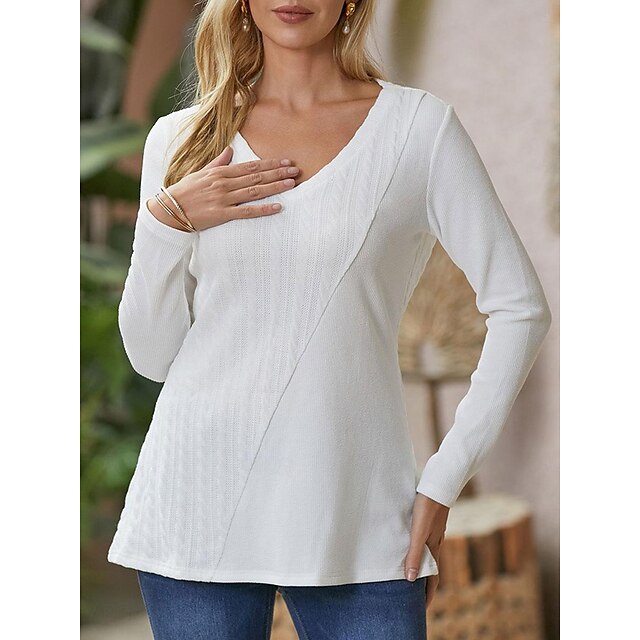  Women's Shirt Cotton Plain Casual White Flowing tunic Long Sleeve Streetwear V Neck Regular Fit Spring Fall