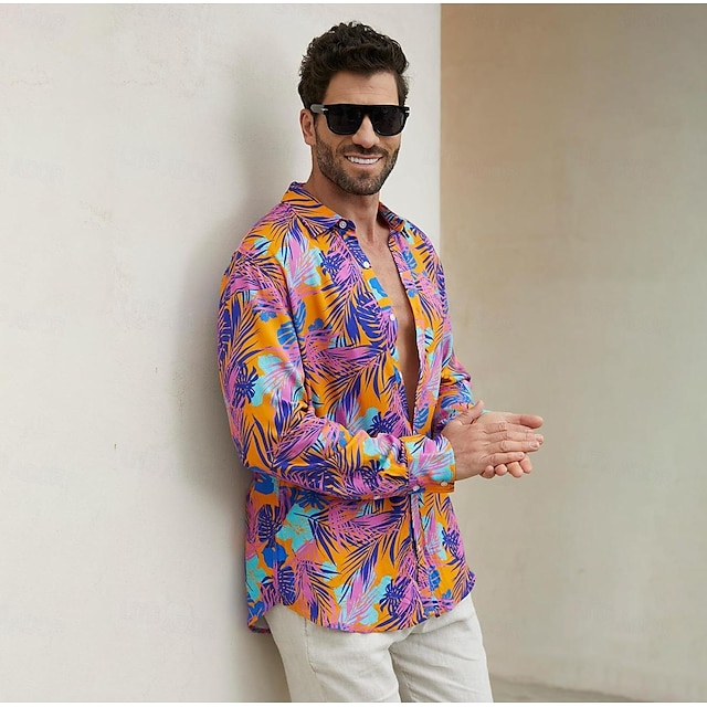  Camisa Casual para Hombres con Diseño Hawaiano de Hojas Tropicales