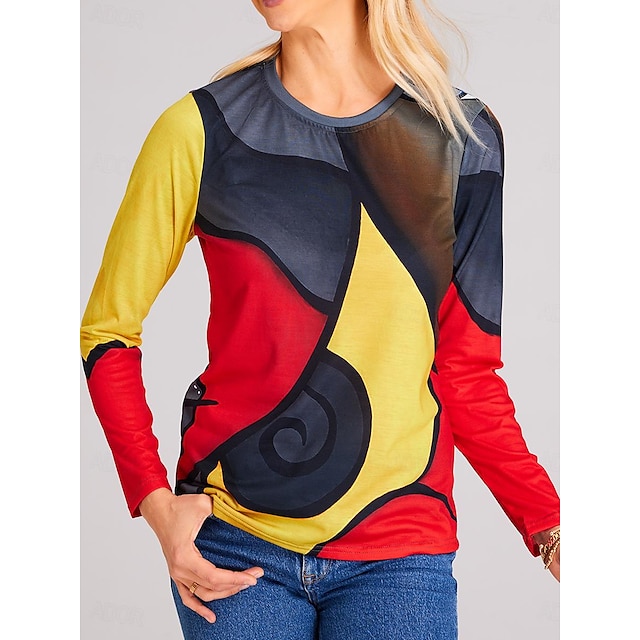  Damen Übergröße T Shirt Graphic Geometrisch Casual Festtage Bedruckt Rote Langarm Vintage Ethnisch Rundhalsausschnitt Herbst Winter
