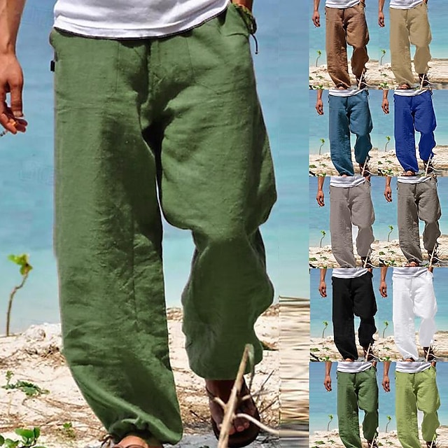  Men's Trousers Summer Pants Beach Pants Drawstring Elastic Waist Straight Leg Plain Comfort Yoga Daily 100% Cotton Fashion Streetwear Navy Black
