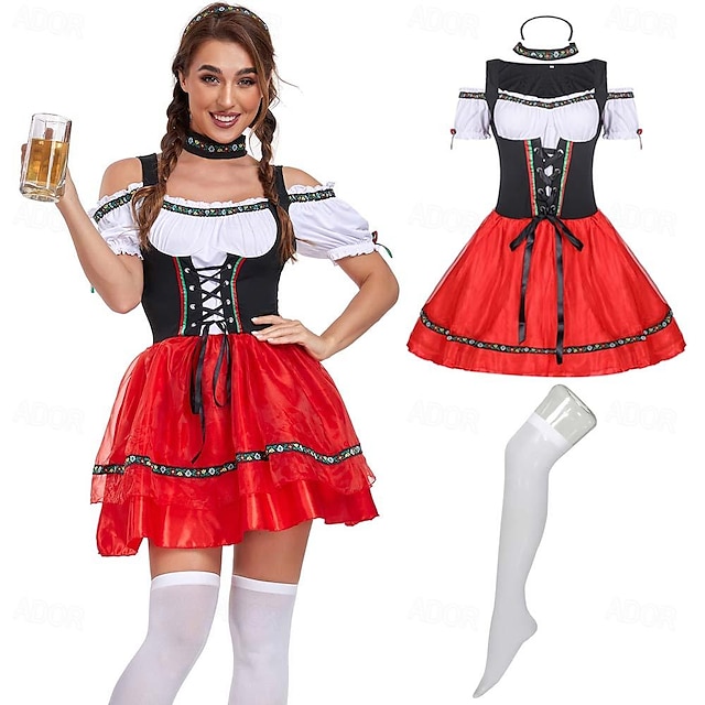  Karneval Oktoberfest øl Kostume dirndl Trachtenkleader Stuepige Sexet bayerske feriekjole Enge Dame Traditionel stil klud Kjole Sokker Pandebånd