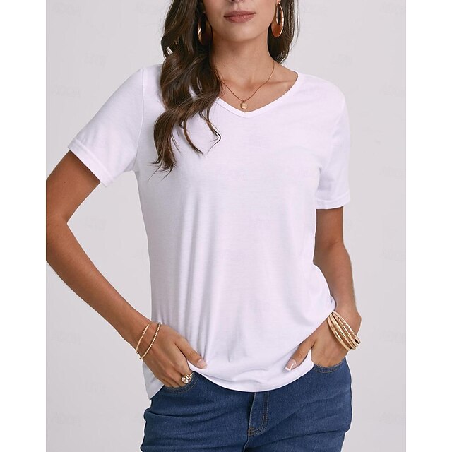  Damen T Shirt Grundlegend Täglich Glatt T-Shirt Ärmel V Ausschnitt Sommer Regulär Schwarz Weiß Dunkelrot Hellgrün Rosa