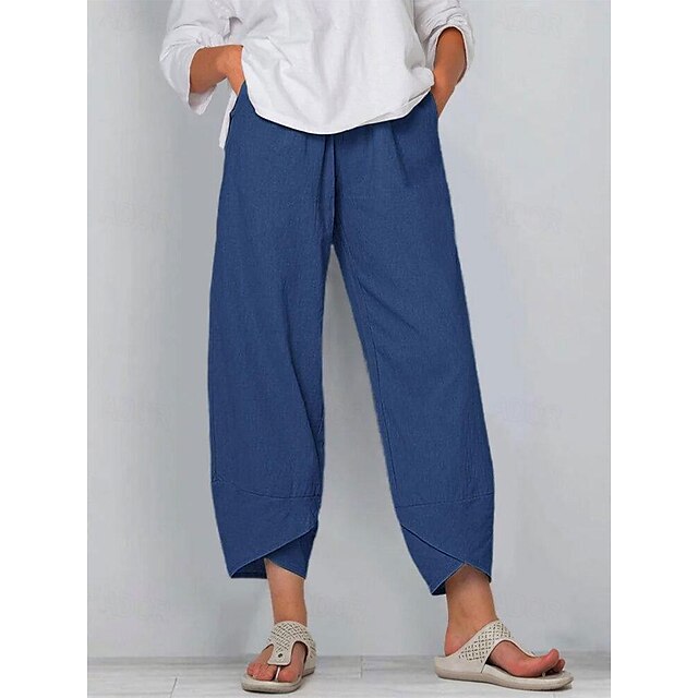  Femme Chino Pantalon baggy Coton Lin Poches latérales Bouffant Taille médiale Cheville bleu marine Eté