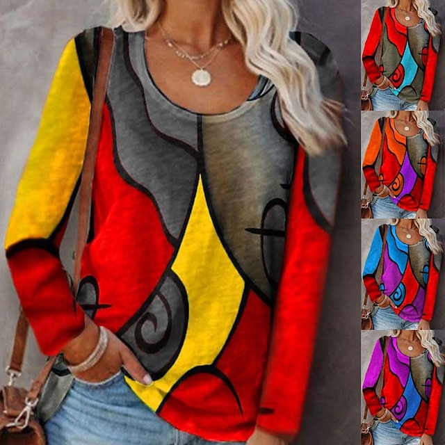  Mujer Talla Grande Camiseta Geométrico Estampado Casual Festivos Vintage Étnico Manga Larga Escote Redondo Rojo Otoño invierno