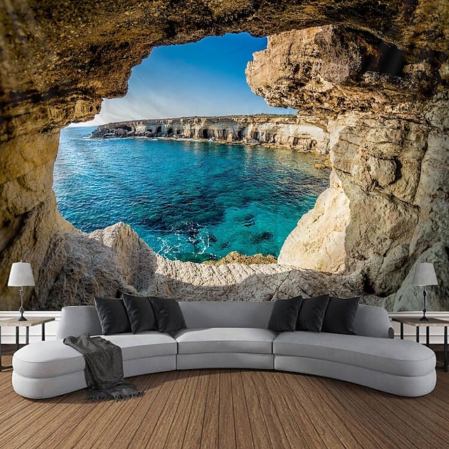  tapeçaria de parede de caverna do mar art déco cobertor cortina toalha de mesa de piquenique pendurada casa quarto sala de estar dormitório decoração fibra de poliéster natureza paisagem montanha água