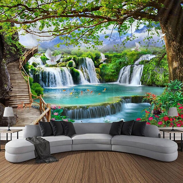  Beautiful wooden ladder waterfall scenery tapestry hanging cloth background cloth decorative cloth hanging cloth