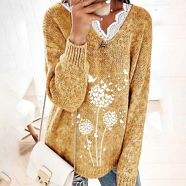  Women's Stylish V-Neck Pullover Sweater with Lace Trims