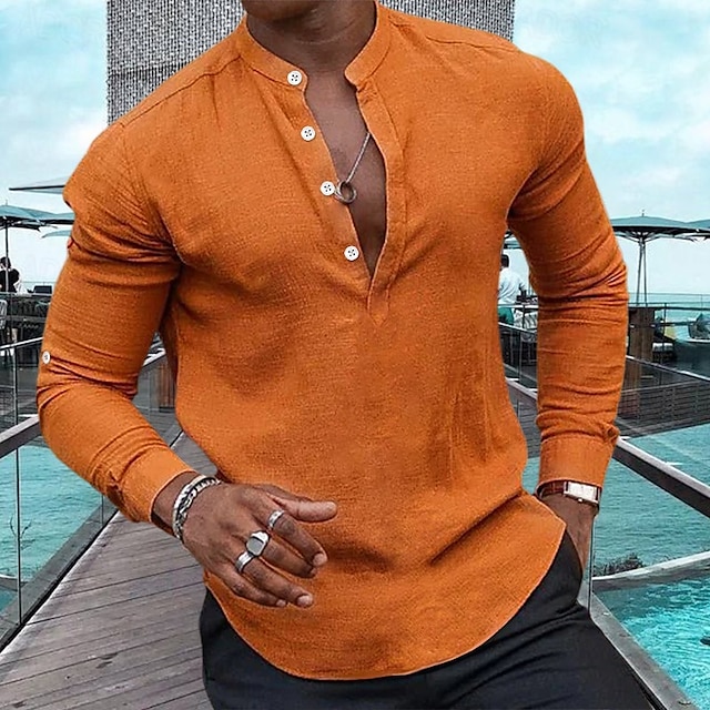  Men's Casual Linen Popover Henley Shirt