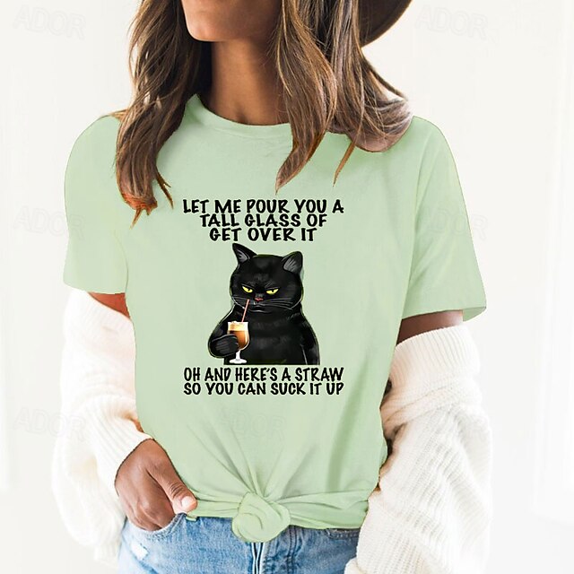  Mulheres Camiseta 100% Algodão Gato Letra Imprimir Diário Para Noite Final de semana Básico Manga Curta Decote Redondo Branco