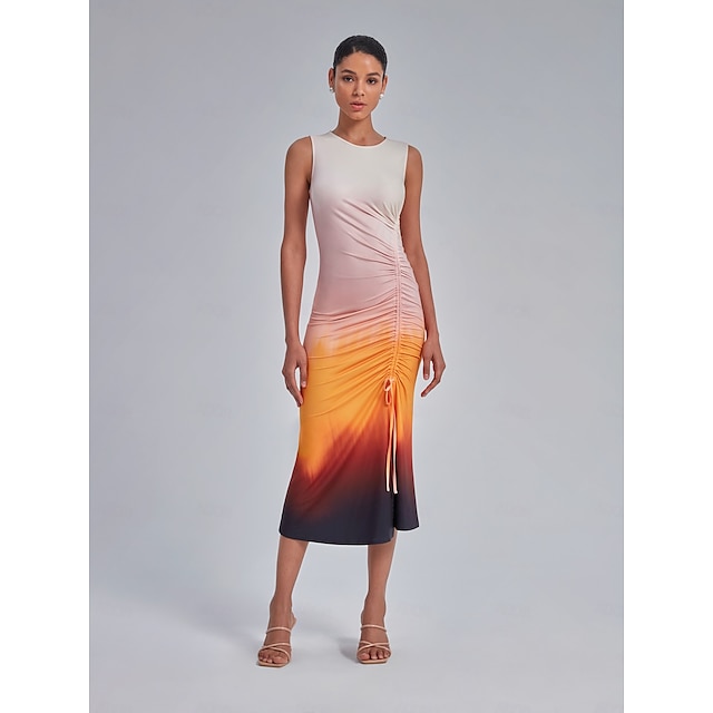  Ruched Ombre Drawstring Midi Dress