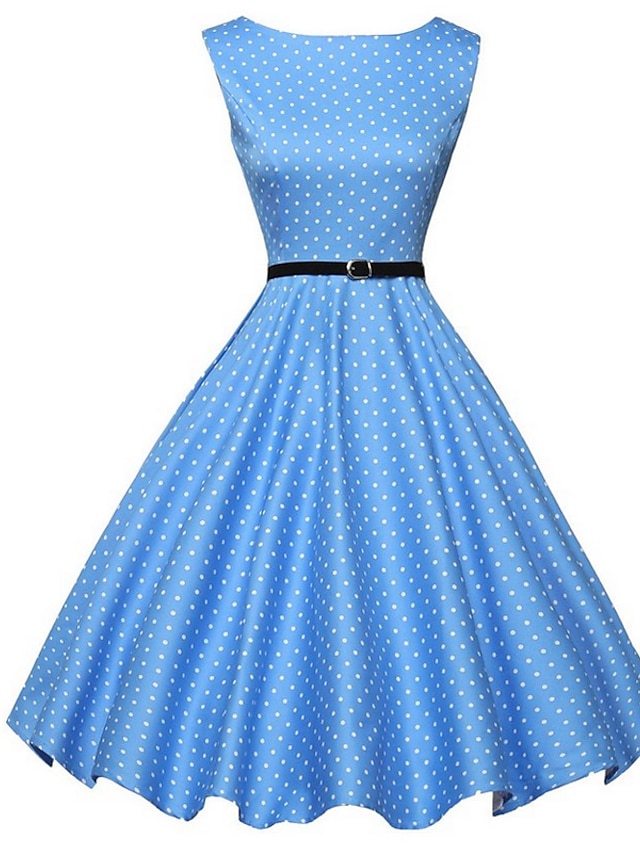 Women's Vintage 1950s A Line Dress - Polka Dot Print Summer Blue L XL XXL