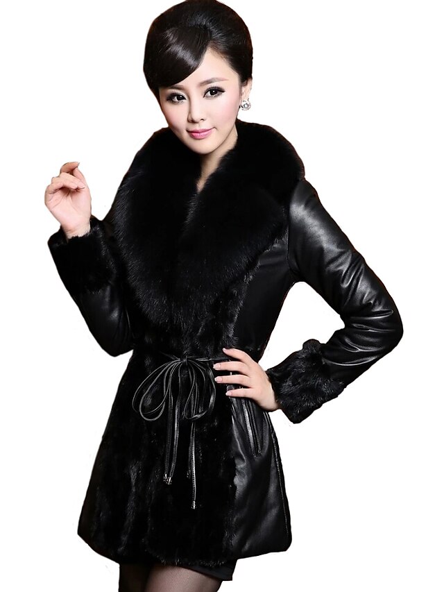  Women's Going out Vintage Winter Plus Size Regular Leather Jacket, Solid Colored Shawl Lapel Long Sleeve Fur Trim Black