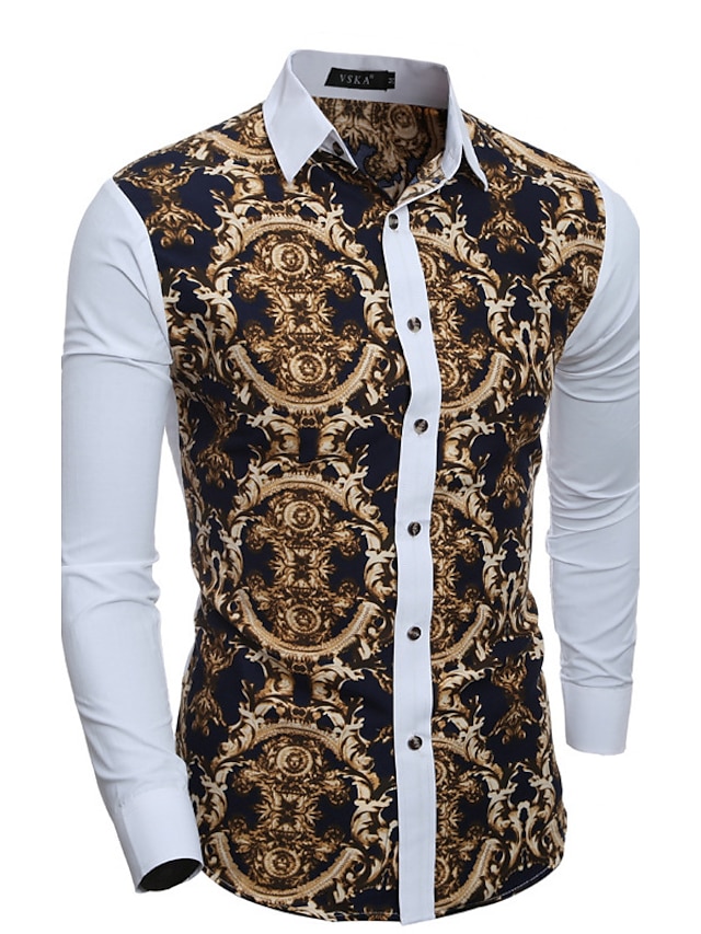  Men's Daily Shirt Tribal Long Sleeve Patchwork Slim Tops Vintage Classic Collar White / Fall / Spring