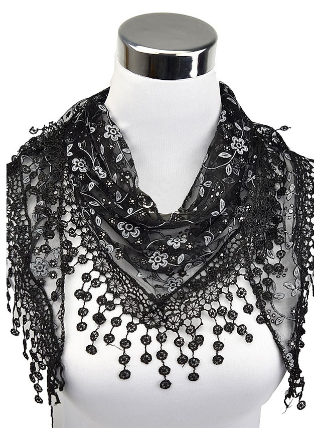  Women's Work Lace Rectangle Scarf - Floral Cut Out / Tassel Fringe / Fabric