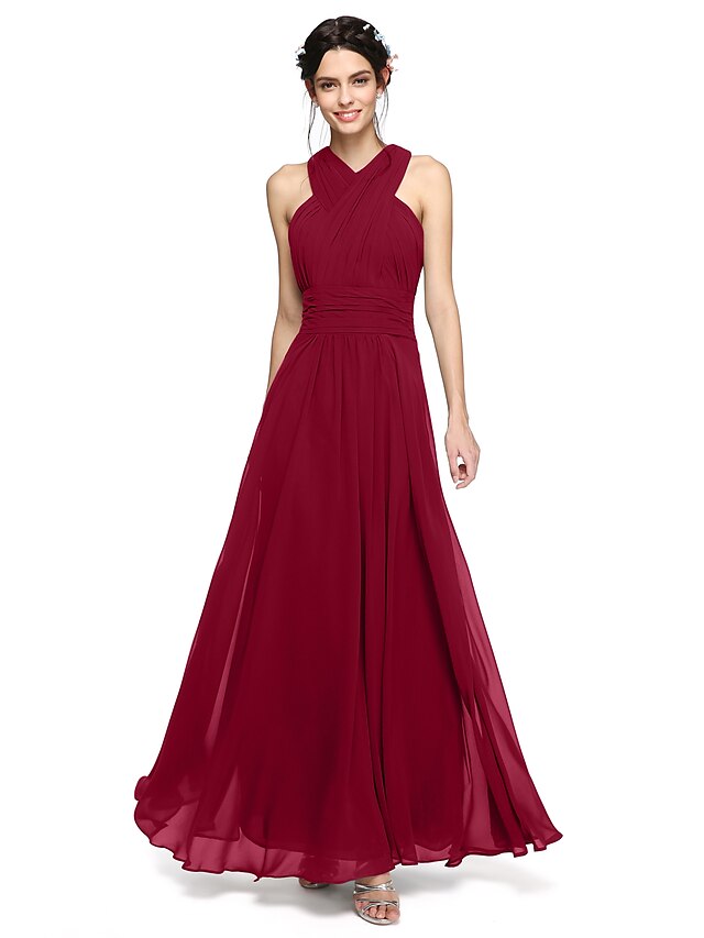  Halter Neck / Y Neck A-Line Chiffon Floor Length Bridesmaid Dress with Sash / Ribbon / Criss Cross / Ruched