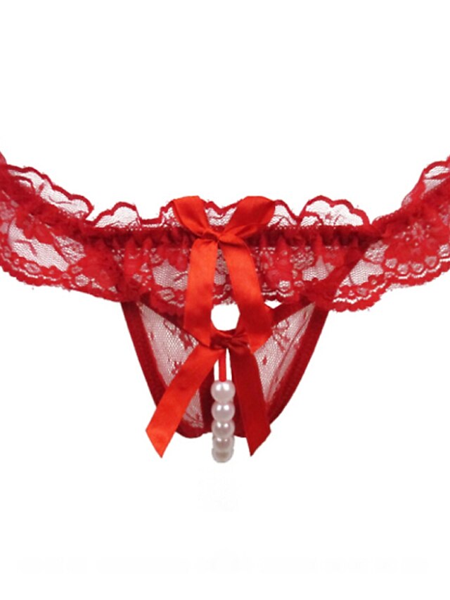  Women's Beaded / Mesh / Hole Jacquard G-strings & Thongs Panties / Ultra Sexy Panty Mid Waist Super Sexy Red One-Size / Lace