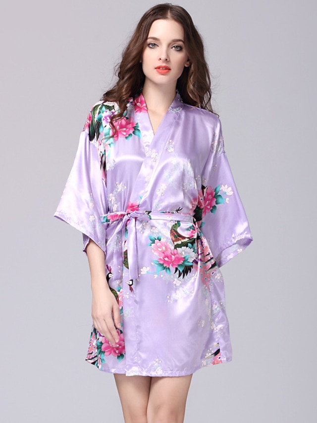  Women's Robes Gown Bathrobes 1 pc Floral Satin Casual Soft Home Party Wedding Party Polyester Half Sleeve Print Belt Included Spring Summer Light Blue Black / Spa